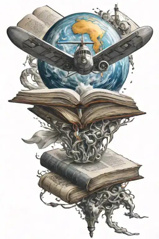 1 Open Book With A Planet Coming Out Of The Center With A Plane Flying Around It