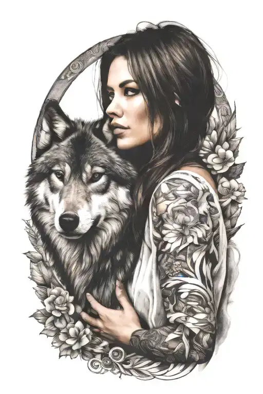 Beautiful Woman With A Wolf Upper Arm Sleeve