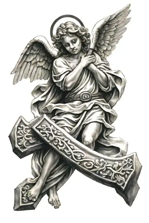 Angel Holding Cross Sleeve Tattoo Design