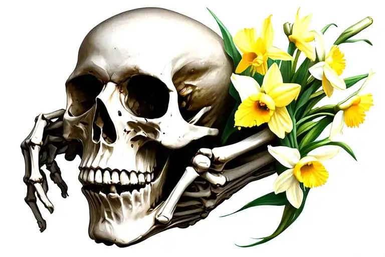 Skull Being Held By Skeleton Hand And Daffodils Coming Out Of The Skull