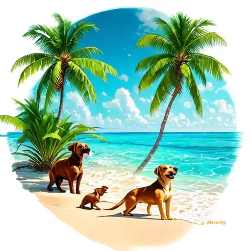 Sea With Coconut Trees And Dogs Playing