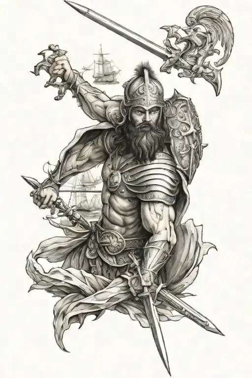 King Leonitas Angel Spartan With Shield And Sword Watching Persian Ships Wreck
