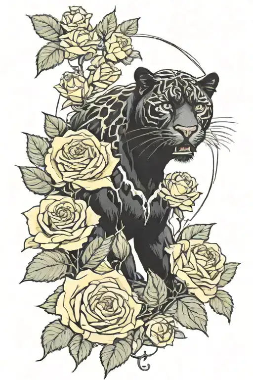 Black Panther Surronded By Yellow Roses