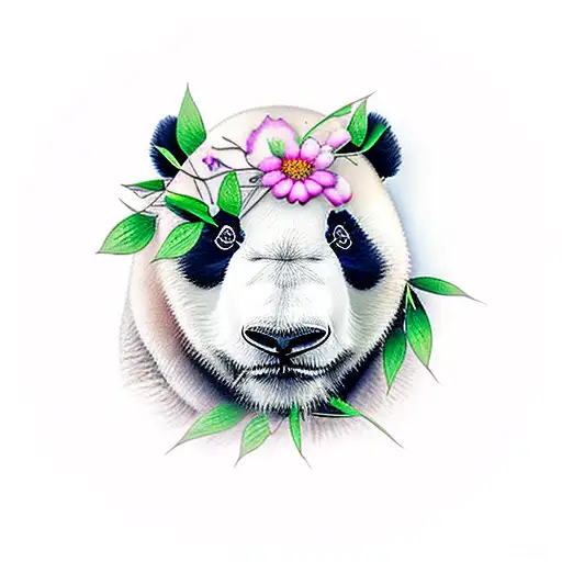 Realistic Panda Face With Flowers Surrounding