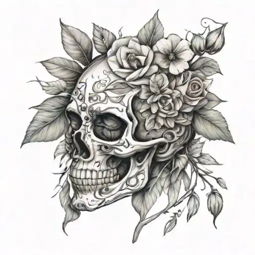 Half Skull Face Persephone And Flowers Growing