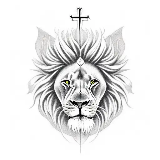 Cross With Lion Face And Angel Behind