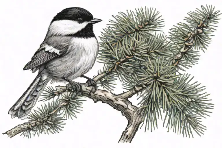 Chickadee Perched On Pine Tree