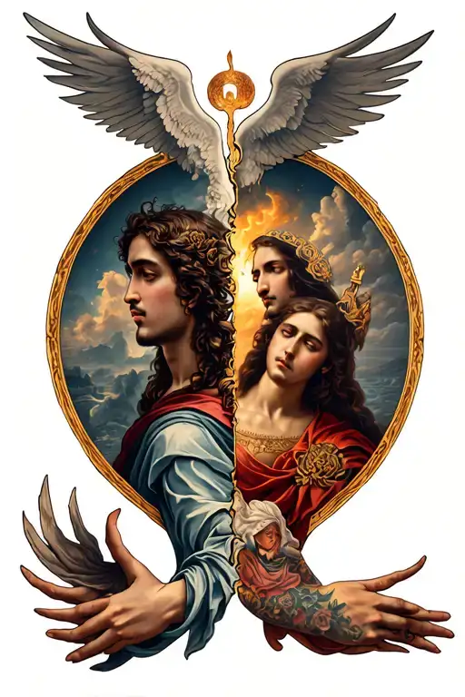Sleeve With Renaissance Theme Split Into Upper Arm Being Heaven And Lower Being Hell