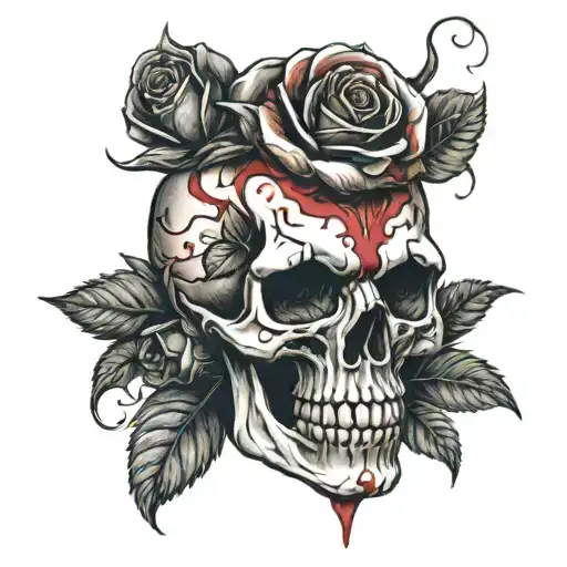 Skull With A Red Stripe Across Its Eyes With Red Roses