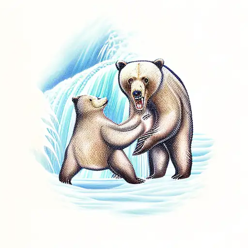 Bears Catching Salmon Running Up A Waterfall