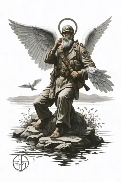 A Peaceful Meditation Scene With A Veteran Saluting An Angel