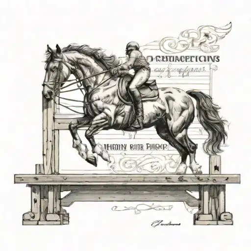 A Composition Of A Dressage Horse Jumping Over A Woodworking Bench With Poetry Inscriptions