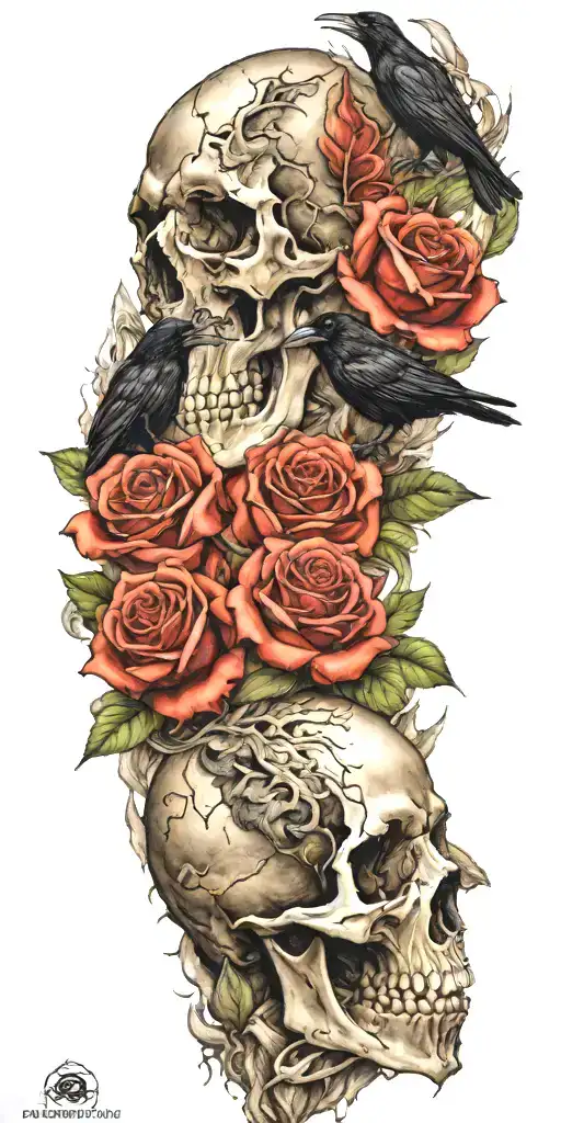 Mountain Made From Skulls With Roses Growing Out Of Crevices And A Raven Perched On Top