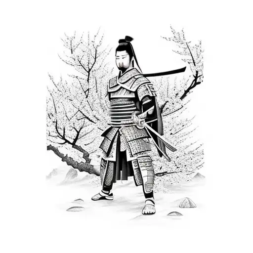 Samurai Warrior Wielding A Sword In A Cherry Blossom Forest