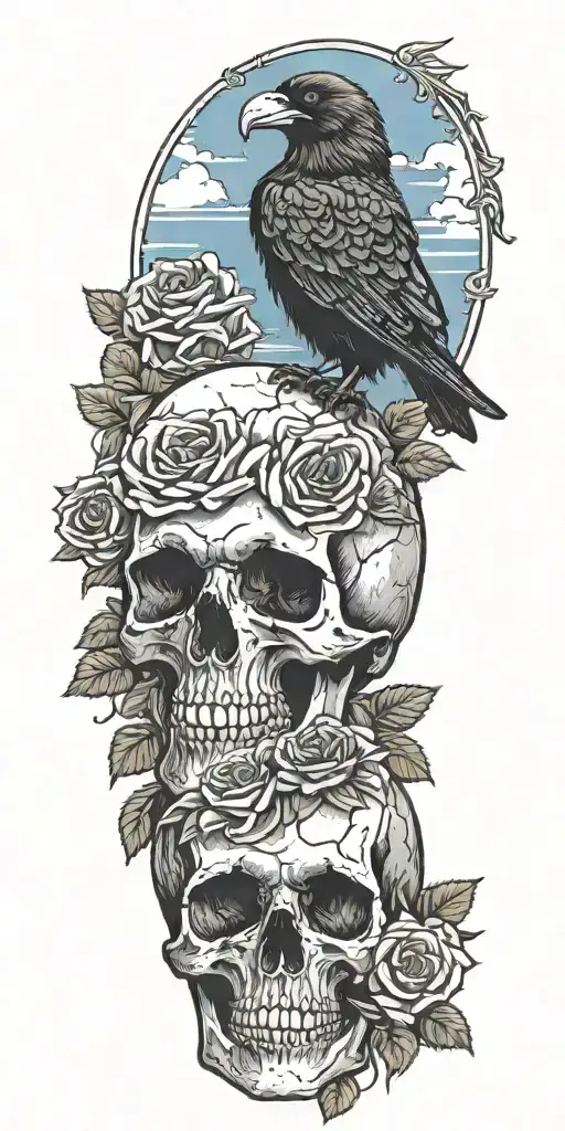Skull And Roses With Raven Perched On Top Blue Sky Background