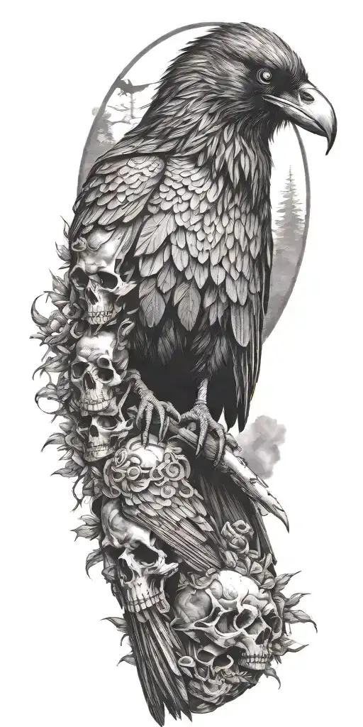 Raven Sitting On Top A Mound Of Skulls