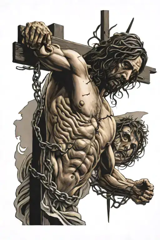 Muscular Ripped Jesus Crucified On A Barbed Cross