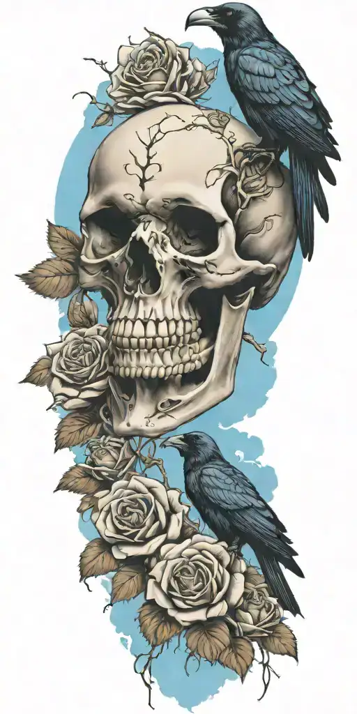 Skull And Roses With Raven Perched On Top Blue Sky Background