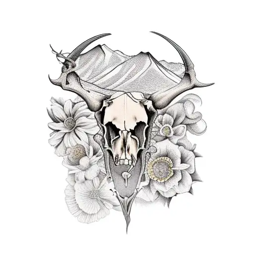 Western Flowers With Mountains And Cow Skull