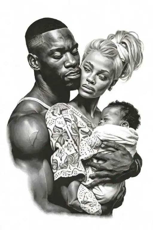 Black Muscular Man Holding White Blonde Woman Holding Black Baby