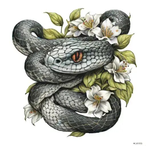 A Realistic Portrait Of A Snake Wrapped Through Flowers