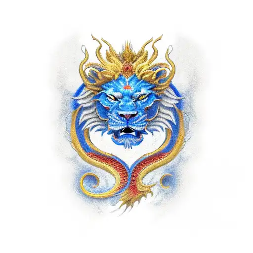 Golden Dragon And Blue Lion In Red Fire
