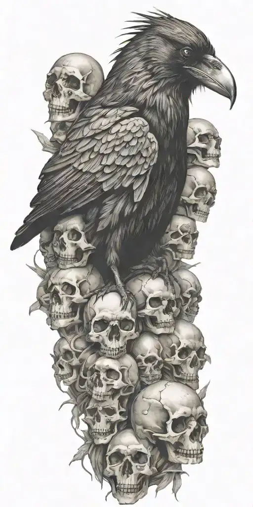 Raven Sitting On Top A Mound Of Skulls