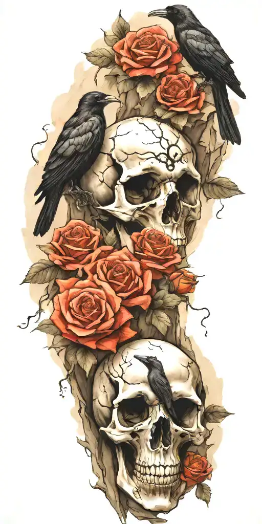 Mountain Made From Skulls With Roses Growing Out Of Crevices And A Raven Perched On Top