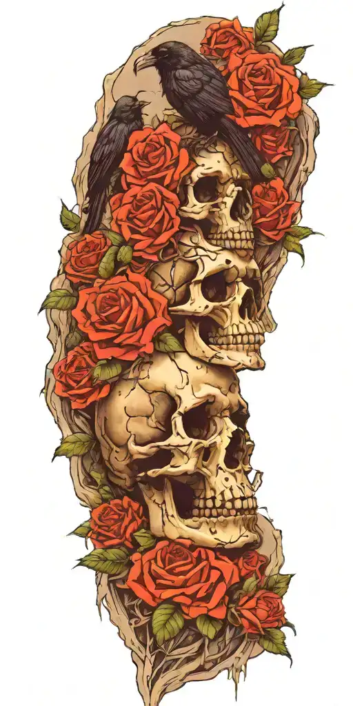 Mountain Made From Skulls With Roses Growing Out Of Crevices And A Raven Perched On Top