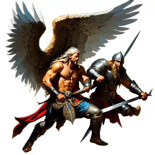 Archangel Michael And A Viking Warrior Battling