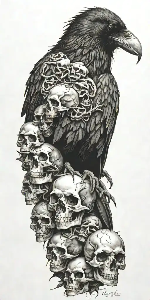 Raven Sitting On Top A Mound Of Skulls