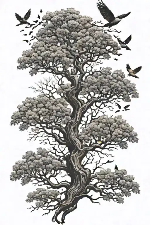 Ominous Flowering Tree With Birds Flying Above