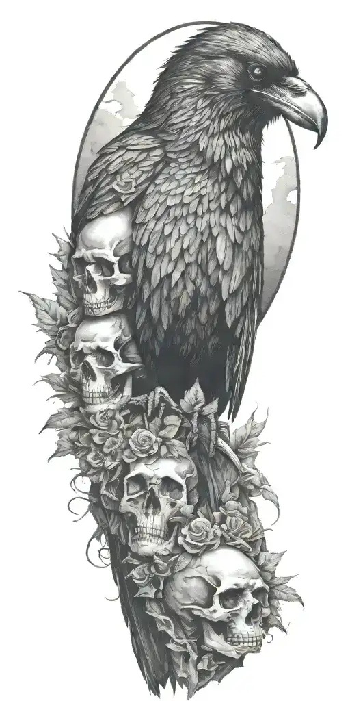 Raven Sitting On Top A Mound Of Skulls