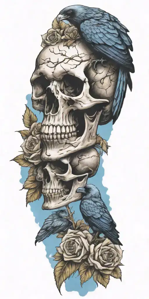 Skull And Roses With Raven Perched On Top Blue Sky Background