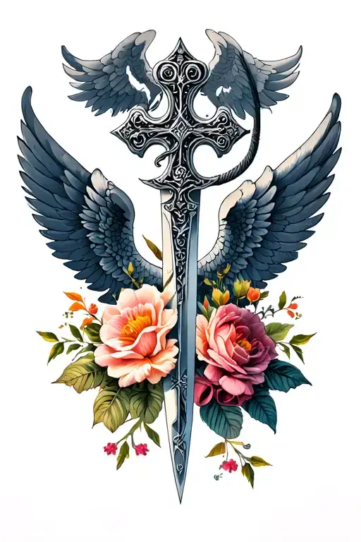 Dagger Cross With Wings And Flowers Intertwined