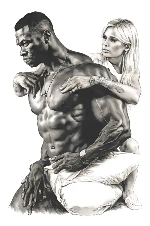 Black Muscular Man Holding White Blonde Woman Sitting