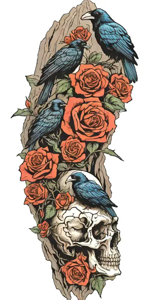 Mountain Made From Skulls With Roses Growing Out Of Crevices And A Raven Perched On Top