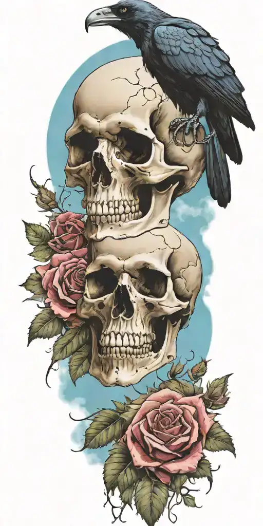 Skull And Roses With Raven Perched On Top Blue Sky Background