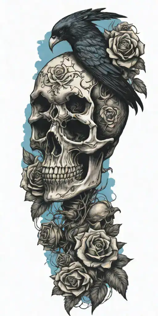 Skull And Roses With Raven Perched On Top Blue Sky Background