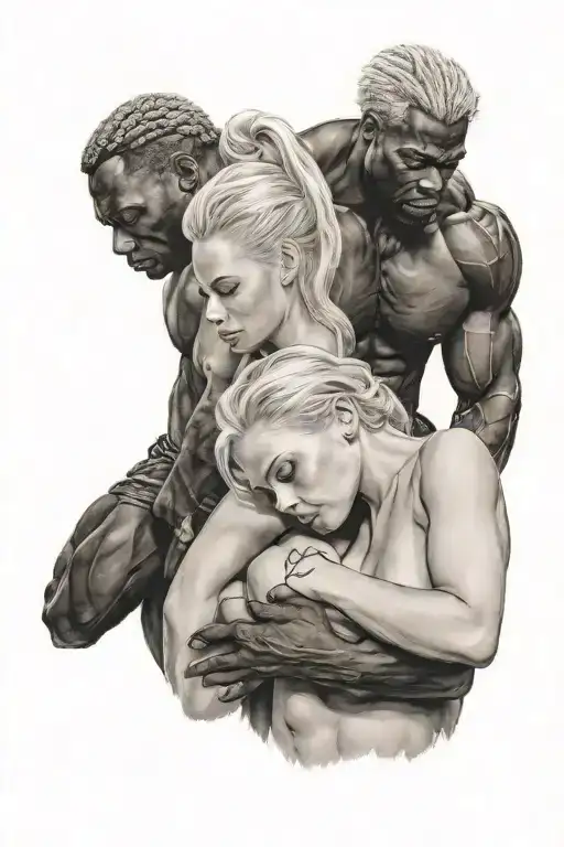 Black Muscular Man Holding White Blonde Woman Topless