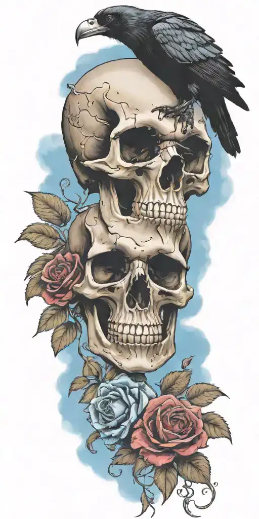 Skull And Roses With Raven Perched On Top Blue Sky Background