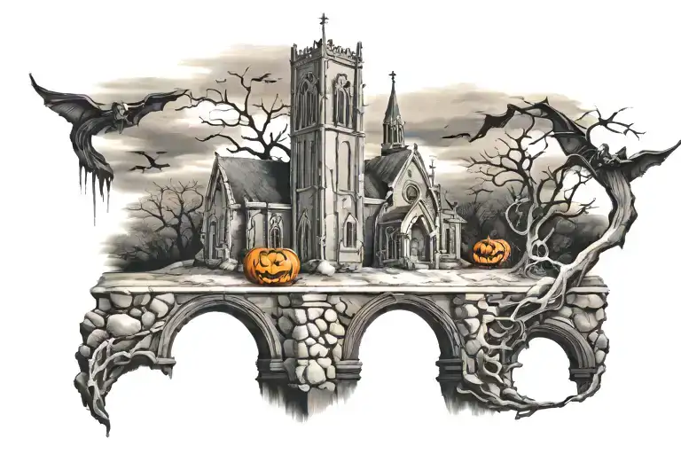 Church With Spooky Halloween Half Sleeve