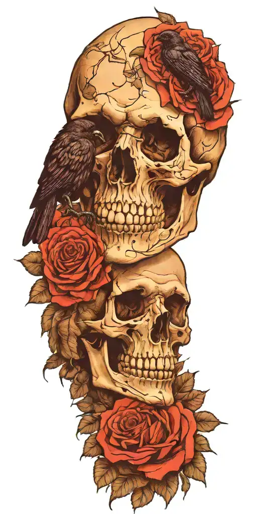 Skull And Roses With Raven Perched On Top Blue Sky Background