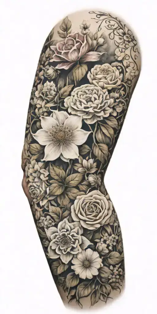 A Realistic And Detailed Sleeve Tattoo Featuring Different Types Of Flowers Blooming In A Garden