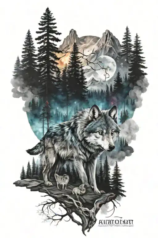 Galaxy Forest With Mountains And Wolves