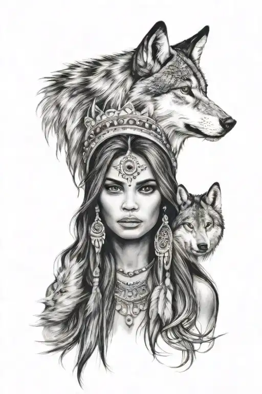 Beautiful Indian Girl With Long Straight Hair And A Wolf's Head On Her Head