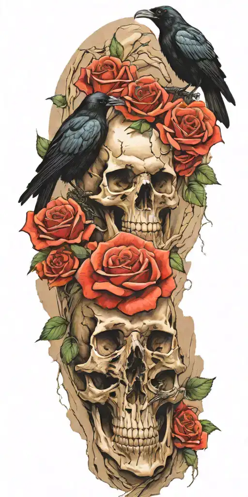 Mountain Made From Skulls With Roses Growing Out Of Crevices And A Raven Perched On Top