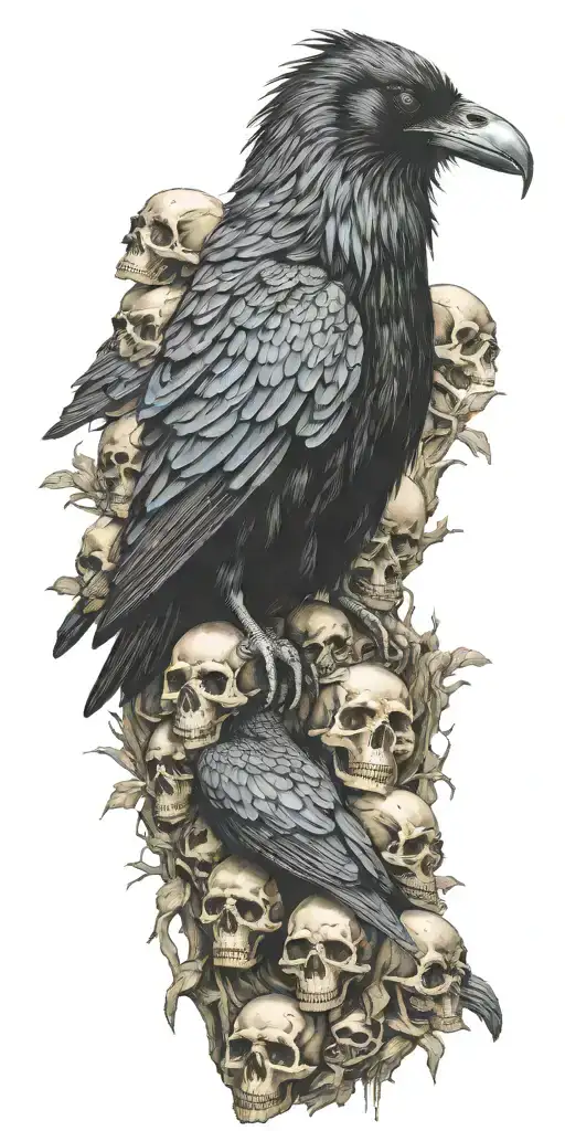 Raven Sitting On Top A Mound Of Skulls