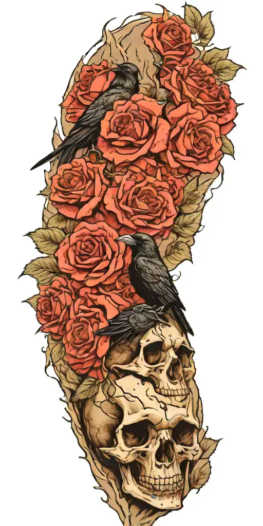 Mountain Made From Skulls With Roses Growing Out Of Crevices And A Raven Perched On Top