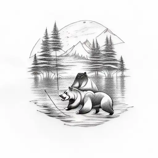 A Sketch Style Tattoo Of A Bear And Wolf Fishing By A Tranquil Lake Near A Rustic Cabin